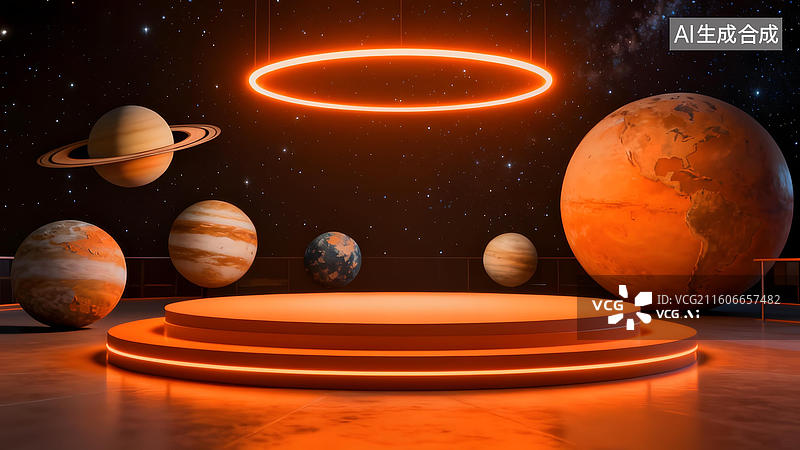 【AI数字艺术】宇宙星球环绕发光平台图片素材