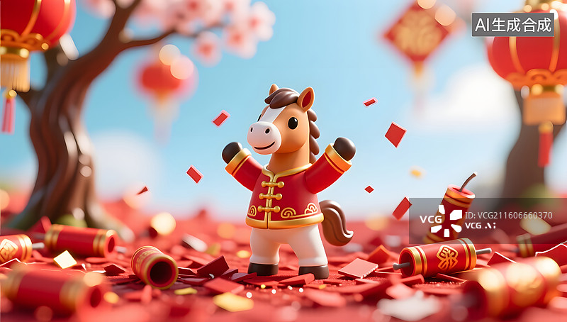 【AI数字艺术】微缩生肖马在爆竹碎屑中欢快起舞图片素材