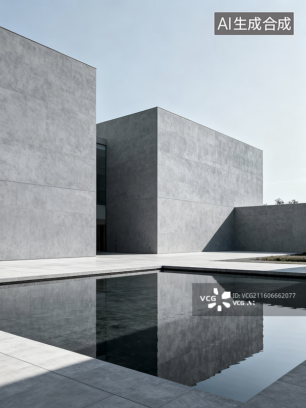 【AI数字艺术】现代混凝土建筑与前方水池图片素材