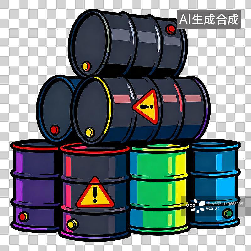 【AI数字艺术】夸张插画中摞在一起的深色危险化工品桶图片素材