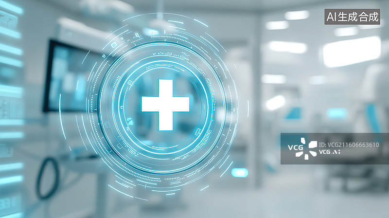 【AI数字艺术】医院医疗设备背景下的发光医疗红十字图标图片素材