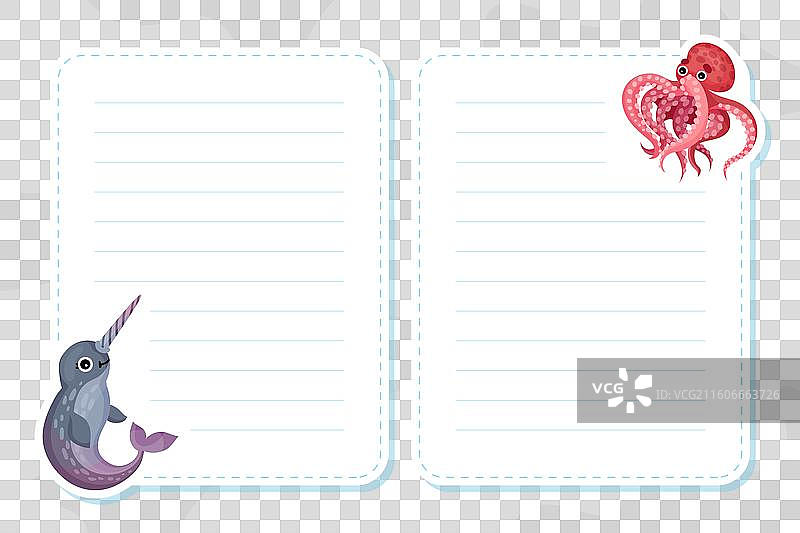 可爱的海洋和海洋动物在海洋中游泳的便签卡图片素材