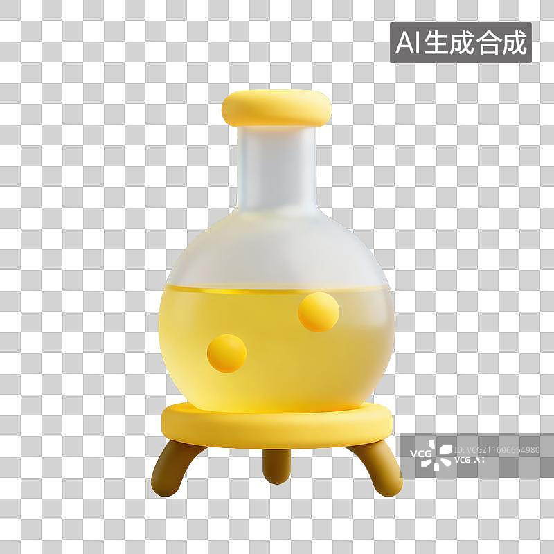 【AI数字艺术】3D磨砂玻璃材质教育主题化学课底座上圆底细颈烧瓶内带气泡的液体元素图片素材