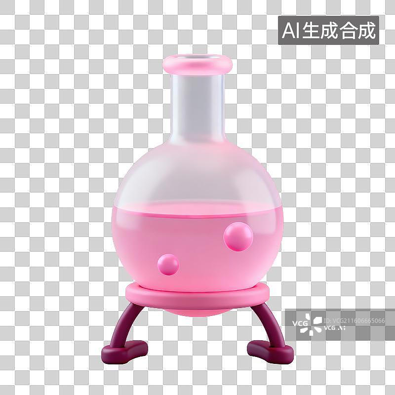 【AI数字艺术】3D磨砂玻璃材质教育主题化学课底座上圆底细颈烧瓶内带气泡的液体元素图片素材
