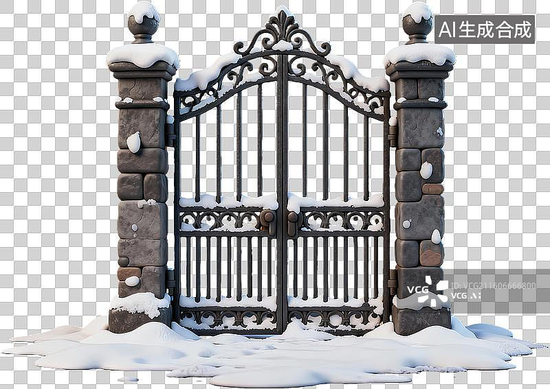 【AI数字艺术】雪覆盖的铁艺大门图片素材