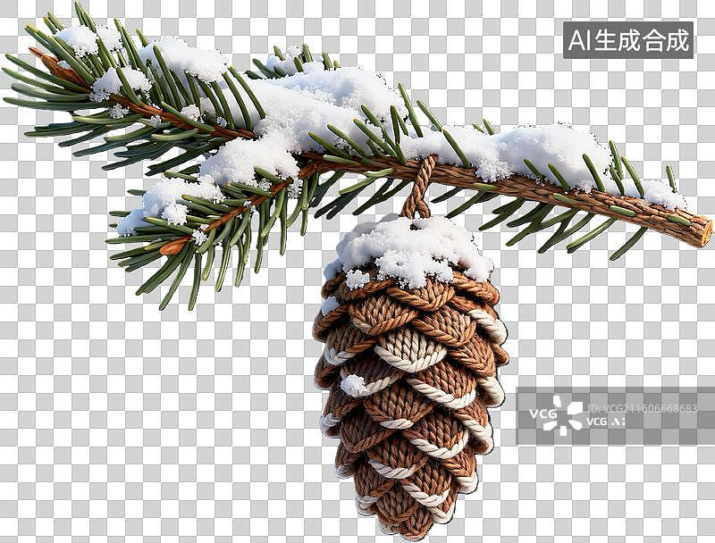 【AI数字艺术】雪覆松枝与松果特写图片素材