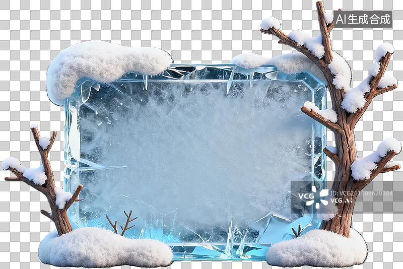 【AI数字艺术】冰雪覆盖的树枝与冰框图片素材