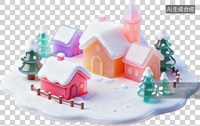 【AI数字艺术】梦幻雪景小屋与松树图片素材