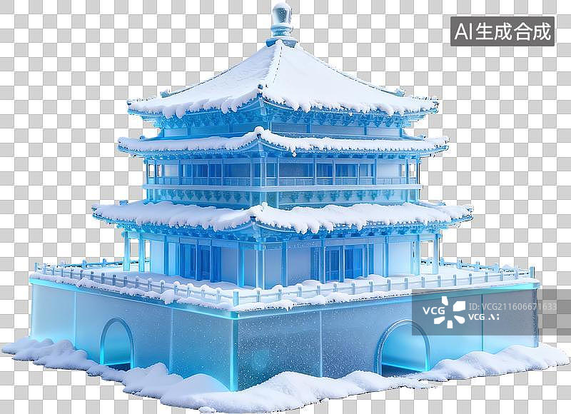 【AI数字艺术】冰雪覆盖的蓝色古建筑模型图片素材