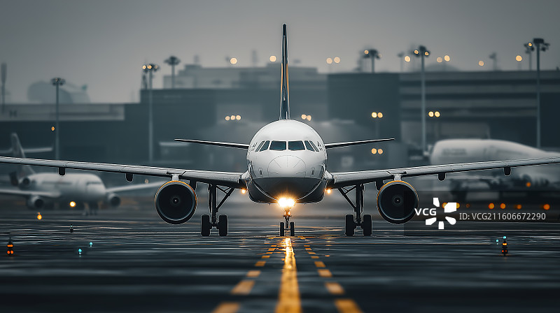 现代商用飞机在机场跑道上滑行，真实自然光线，商务风格就绪的美学图片素材