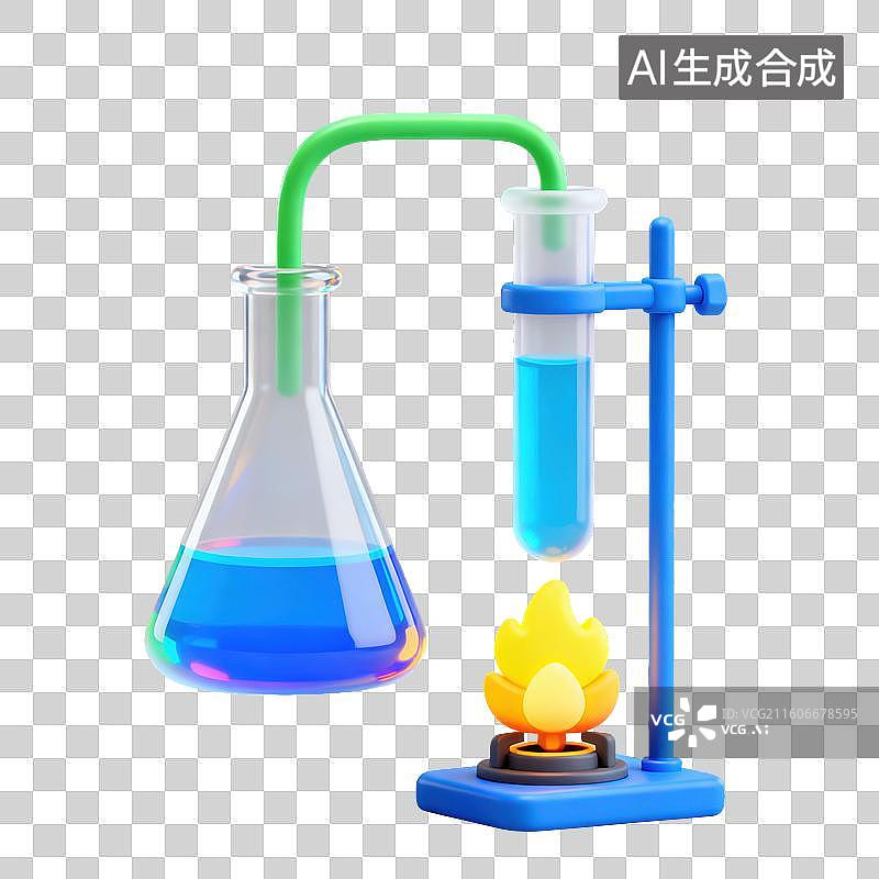 【AI数字艺术】3D磨砂玻璃材质教育主题化学课酒精灯加热试管实验装置元素图片素材