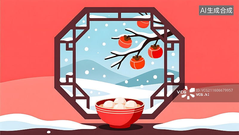 【AI数字艺术】冬日八角窗前静赏落雪与柿影图片素材