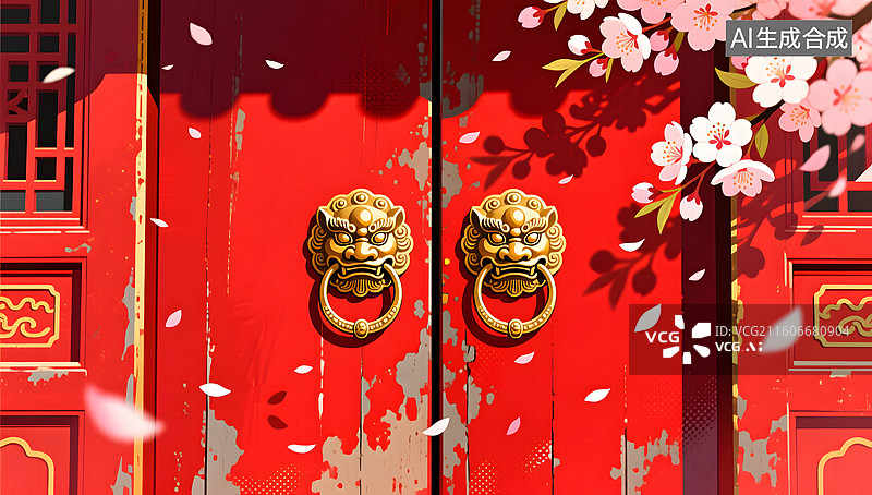 【AI数字艺术】古建筑朱红大门海棠花瓣景图片素材