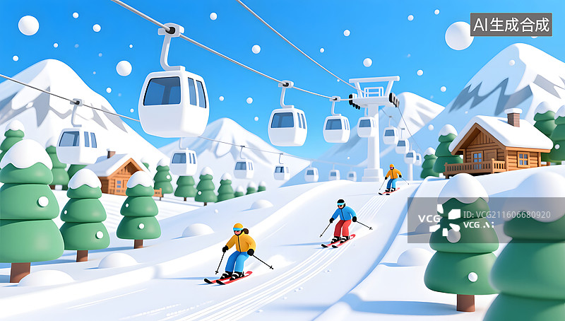 【AI数字艺术】滑雪者在蓝白雪山间轻松滑行图片素材