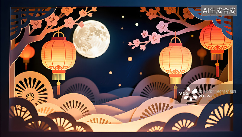 【AI数字艺术】春节夜晚灯笼映照纸雕画面图片素材