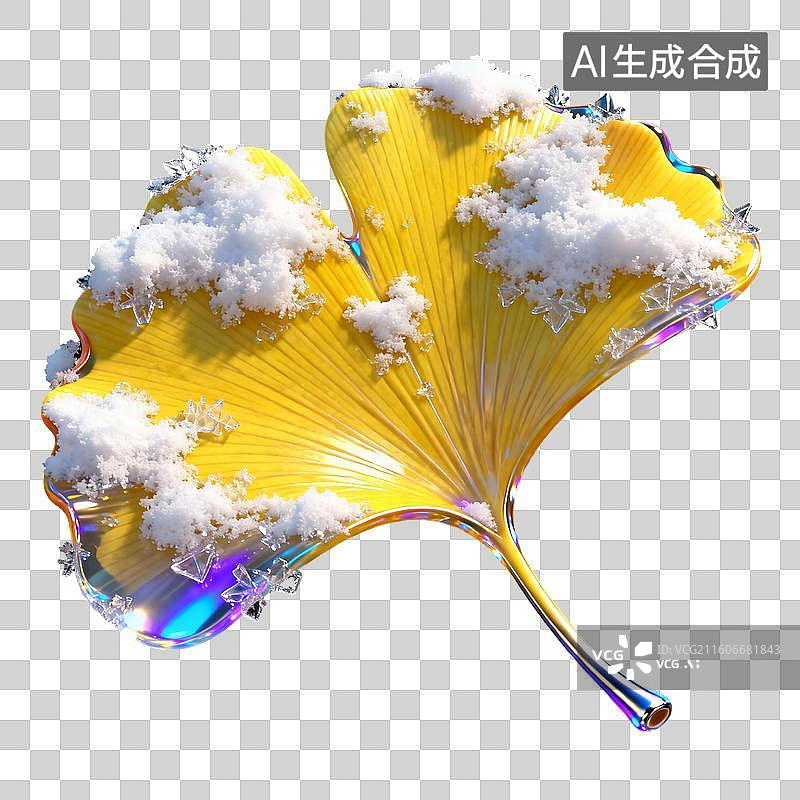 【AI数字艺术】3D冰雪覆盖积雪银杏叶装饰元素图片素材