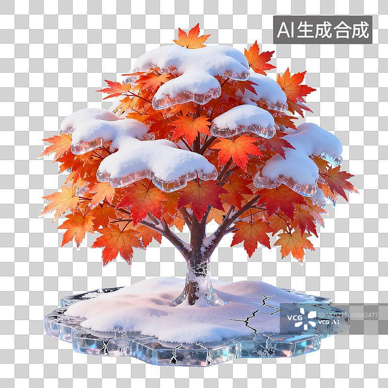 【AI数字艺术】3D冰雪覆盖积雪枫树装饰元素图片素材