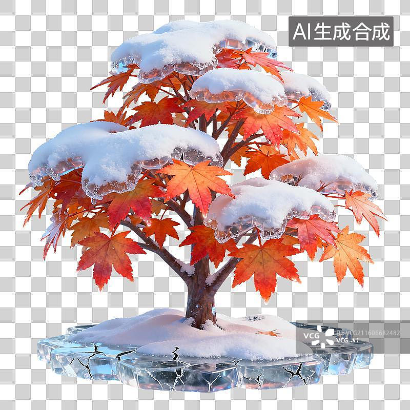 【AI数字艺术】3D冰雪覆盖积雪枫树装饰元素图片素材