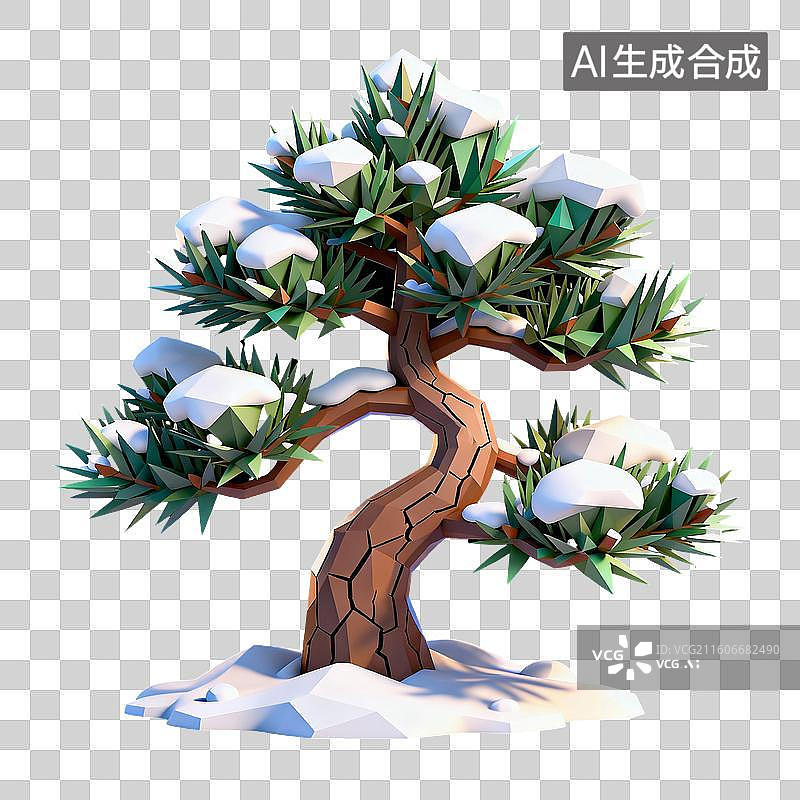 【AI数字艺术】3D冰雪覆盖积雪松树装饰元素图片素材
