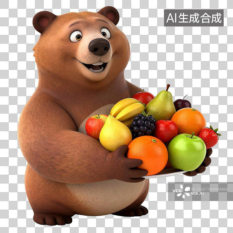 【AI数字艺术】鲜亮色微胖狗熊捧水果3D插画图片素材