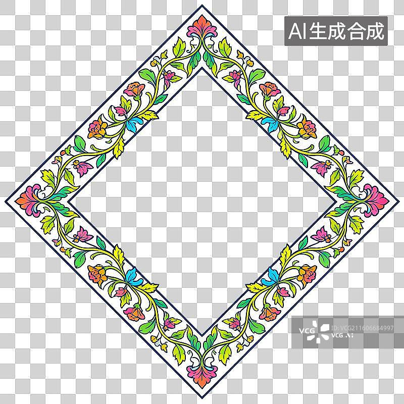 【AI数字艺术】巴洛克风格菱形画框大马士革花纹平面插画图片素材