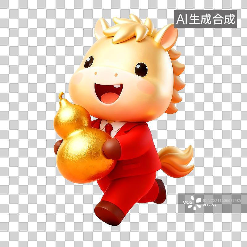 【AI数字艺术】3D穿着红色西装的可爱拟人马年金色小马拿着金葫芦祝贺2026年吉祥如意图片素材