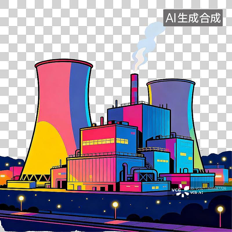 【AI数字艺术】夸张风格的火力发电厂夜景插画图片素材