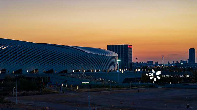 航拍足球运动场馆夕阳图片素材