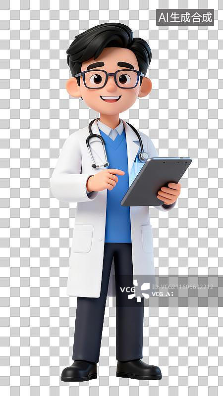 【AI数字艺术】一个男医生拿着平板电脑讲解，全身像，3D免抠元素图片素材