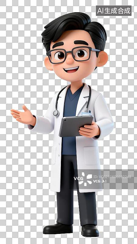 【AI数字艺术】一个男医生拿着平板电脑讲解，全身像，3D免抠元素图片素材