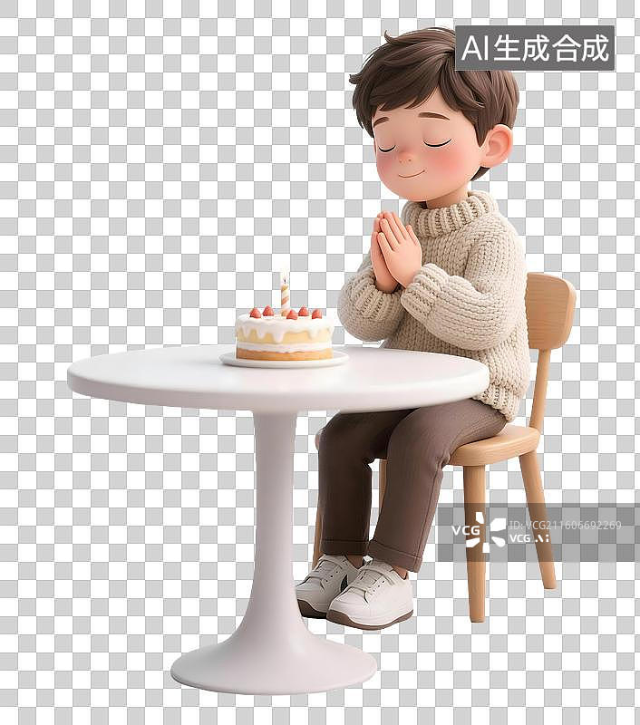 【AI数字艺术】AIGC:3D对着生日蛋糕许愿的小男孩，生日蛋糕 生日愿望，元素，免抠图形图片素材