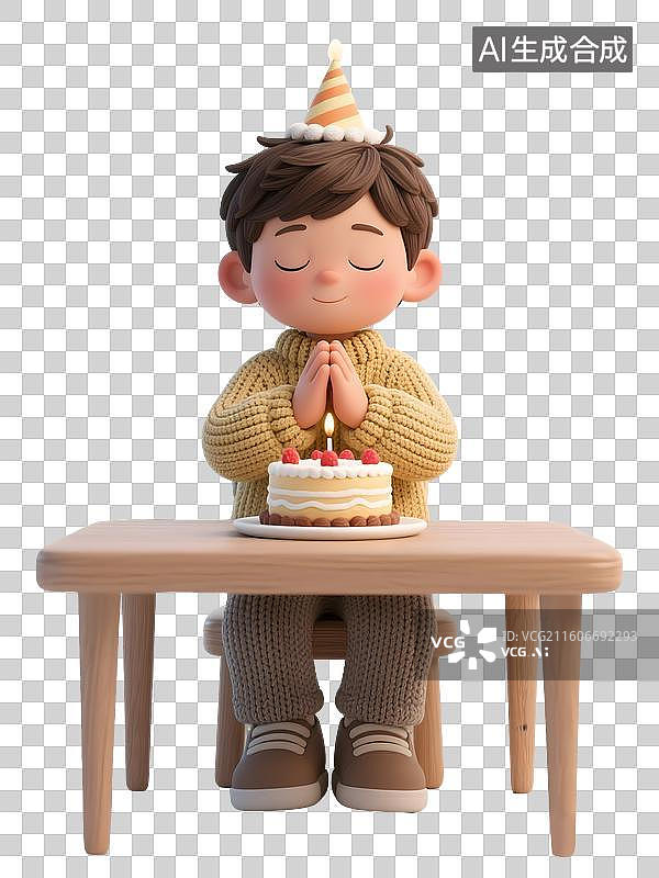 【AI数字艺术】AIGC:3D对着生日蛋糕许愿的小男孩，生日蛋糕 生日愿望，元素，免抠图形图片素材