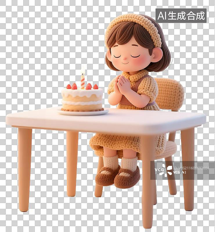 【AI数字艺术】AIGC:3D对着生日蛋糕许愿的小孩，生日蛋糕 生日愿望，元素，免抠图形图片素材