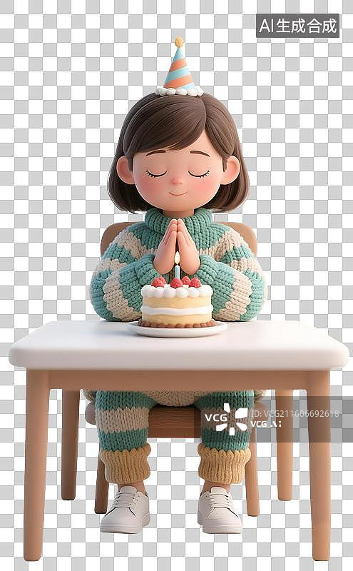 【AI数字艺术】AIGC:3D对着生日蛋糕许愿的小女孩，生日蛋糕 生日愿望，元素，免抠图形图片素材