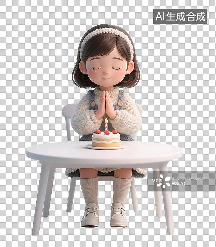 【AI数字艺术】AIGC:3D对着生日蛋糕许愿的小女孩，生日蛋糕 生日愿望，元素，免抠图形图片素材