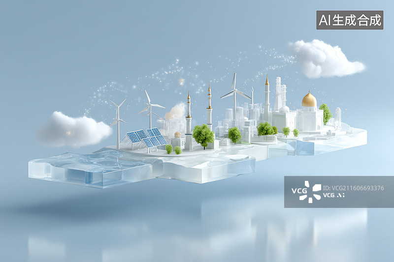 【AI数字艺术】白色建筑风力发电清洁能源城市图片素材