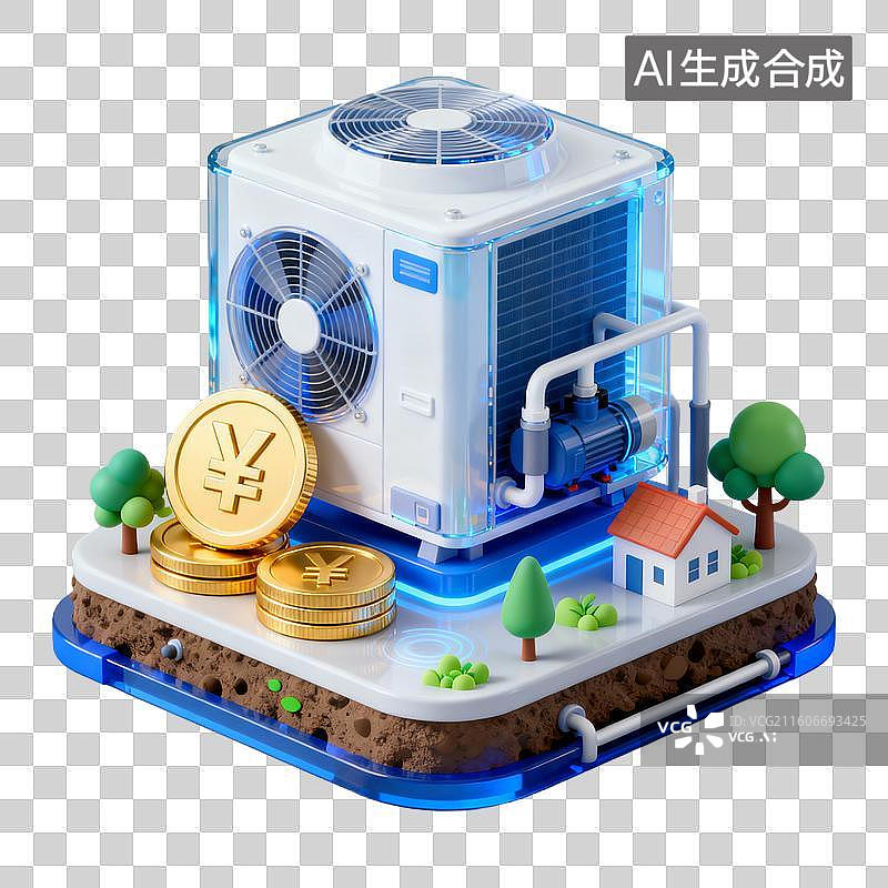 【AI数字艺术】3D拟物风格金融省钱增效能源新能源蓝色科技元素地源热泵系统图片素材