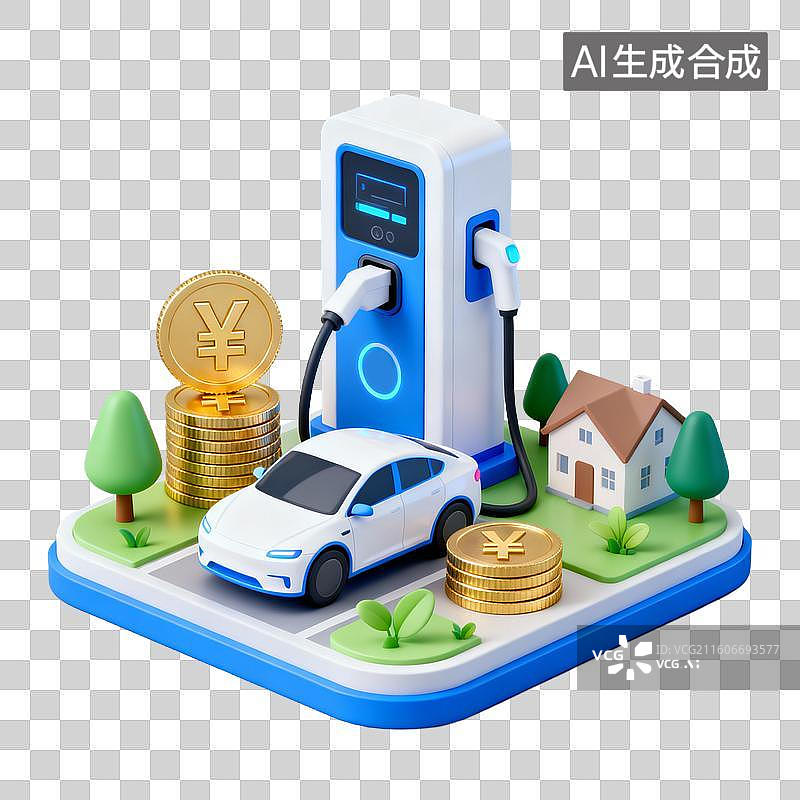 【AI数字艺术】3D拟物风格金融省钱增效能源新能源蓝色科技元素电动汽车充电站图片素材