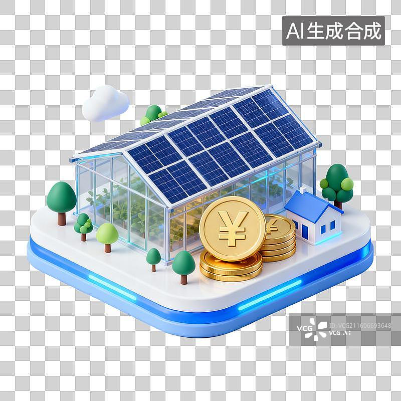 【AI数字艺术】3D拟物风格金融省钱增效能源新能源蓝色科技元素光伏农业大棚图片素材