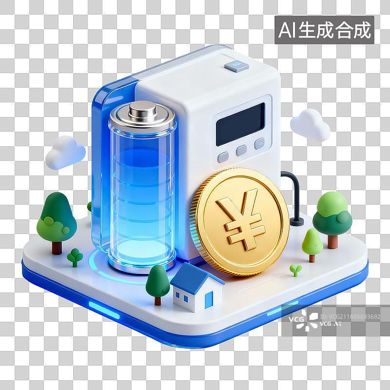 【AI数字艺术】3D拟物风格金融省钱增效能源新能源蓝色科技元素锂电子电池储能系统图片素材