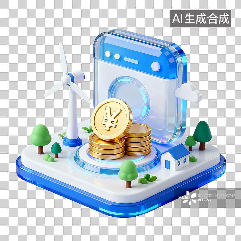 【AI数字艺术】3D拟物风格金融省钱增效能源新能源蓝色科技元素生物质能发电图片素材