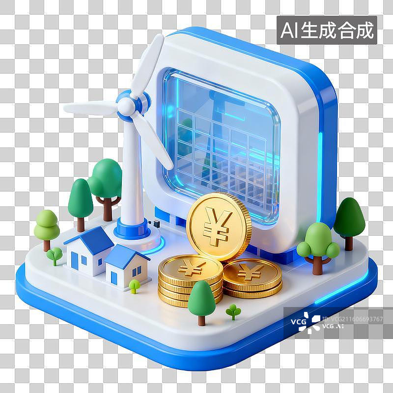【AI数字艺术】3D拟物风格金融省钱增效能源新能源蓝色科技元素生物质能发电图片素材