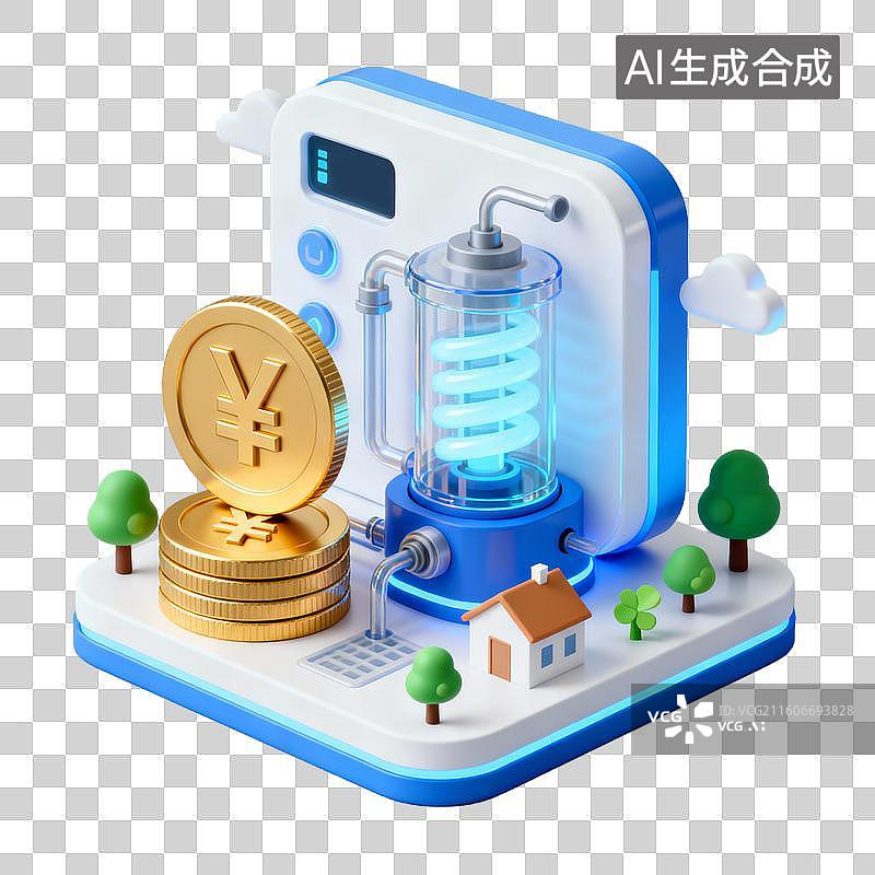 【AI数字艺术】3D拟物风格金融省钱增效能源新能源蓝色科技元素蓄能泵高效节能系统图片素材