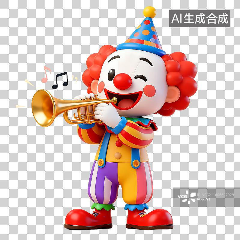 【AI数字艺术】欢快小丑吹奏小号的可爱形象图片素材