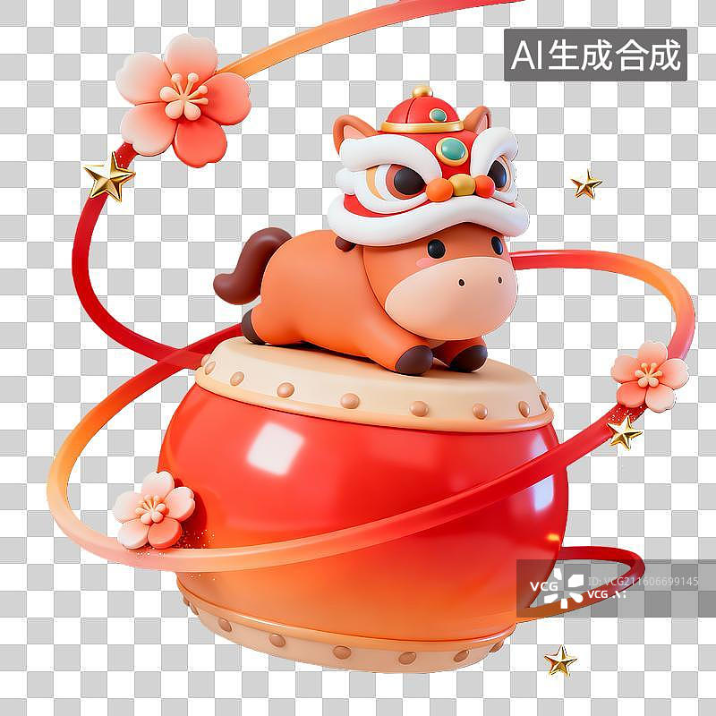【AI数字艺术】3d卡通粘土质感中国节日马的造型马和铜鼓元素图片素材