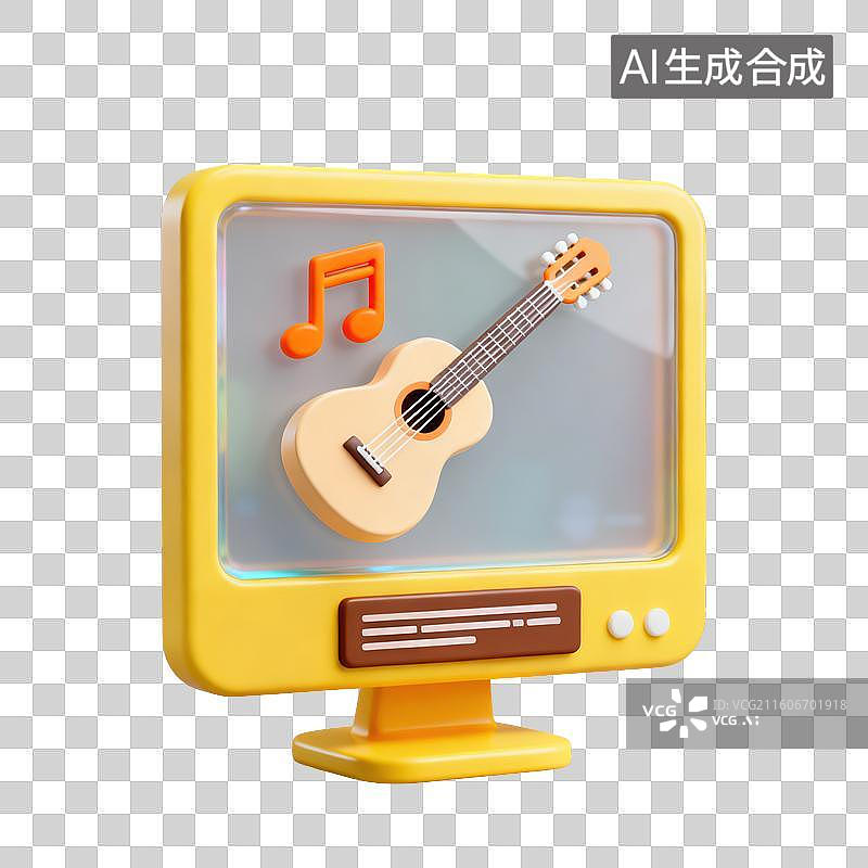 【AI数字艺术】3D磨砂玻璃材质教育主题音乐课电脑屏幕上的吉他和音符线上音乐平台元素图片素材