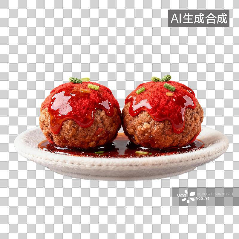【AI数字艺术】3D羊毛毡风格美食成品菜肴元素红烧狮子头四喜丸子图片素材