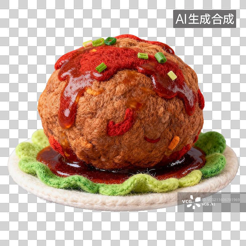 【AI数字艺术】3D羊毛毡风格美食成品菜肴元素红烧狮子头四喜丸子图片素材