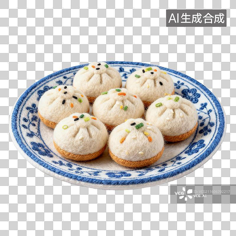 【AI数字艺术】3D羊毛毡风格美食成品菜肴元素生煎包图片素材