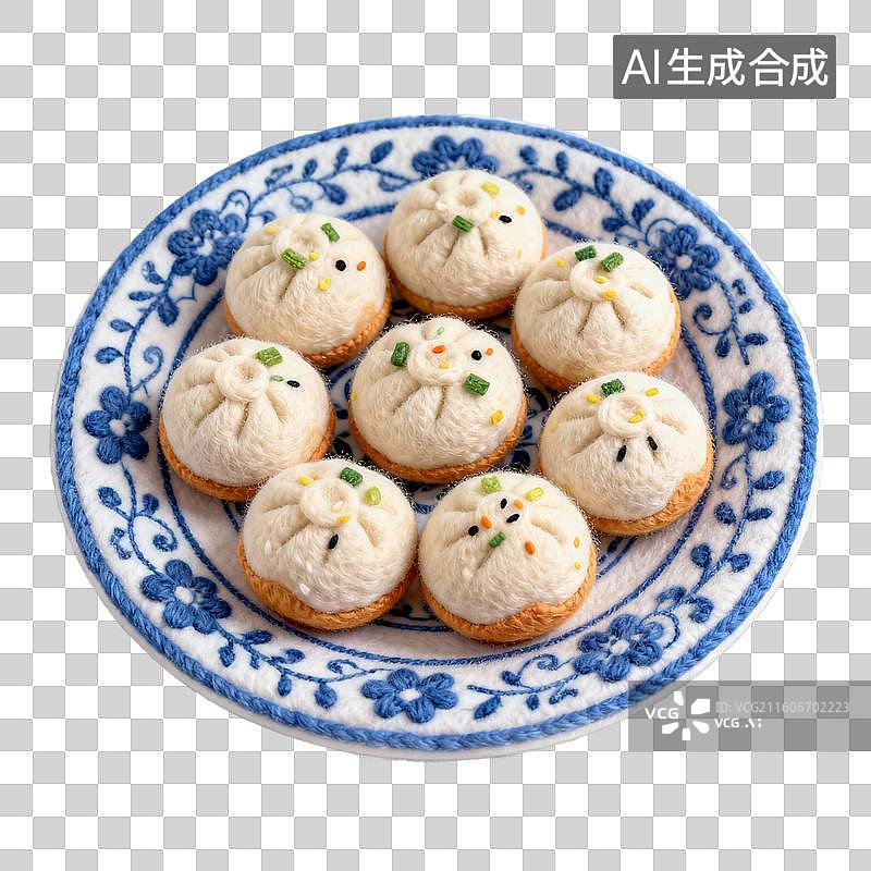 【AI数字艺术】3D羊毛毡风格美食成品菜肴元素生煎包图片素材